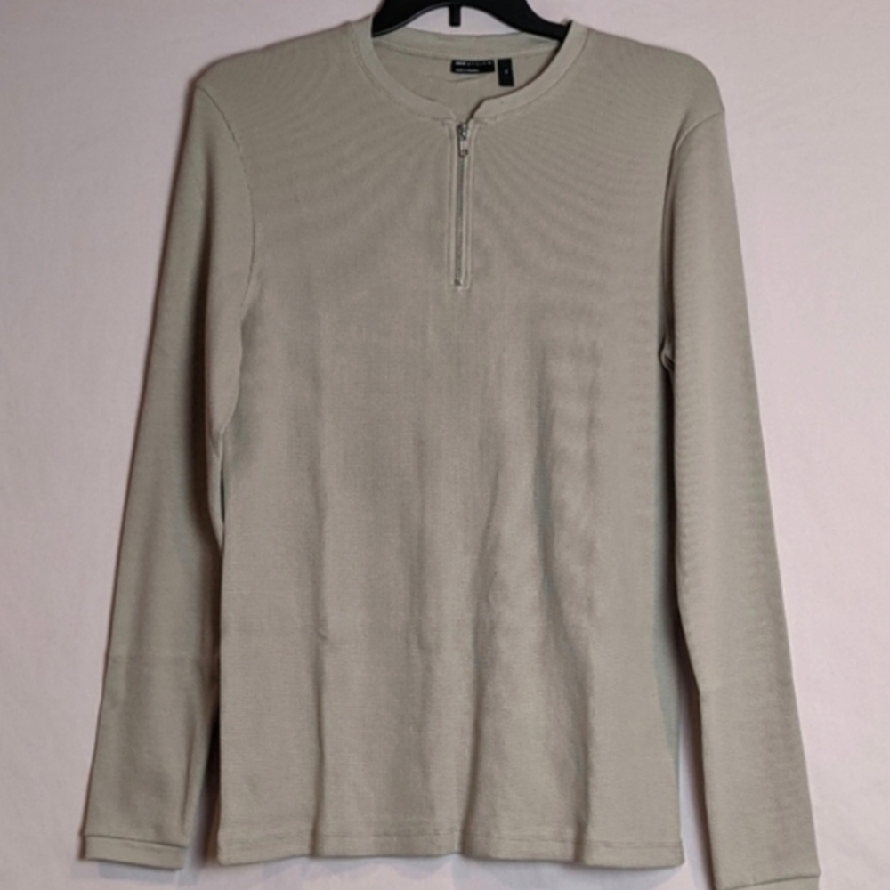 ASOS Neutral Beige Quarter Zip Long Sleeve Pullover Waffle Knit Thermal Tee XL